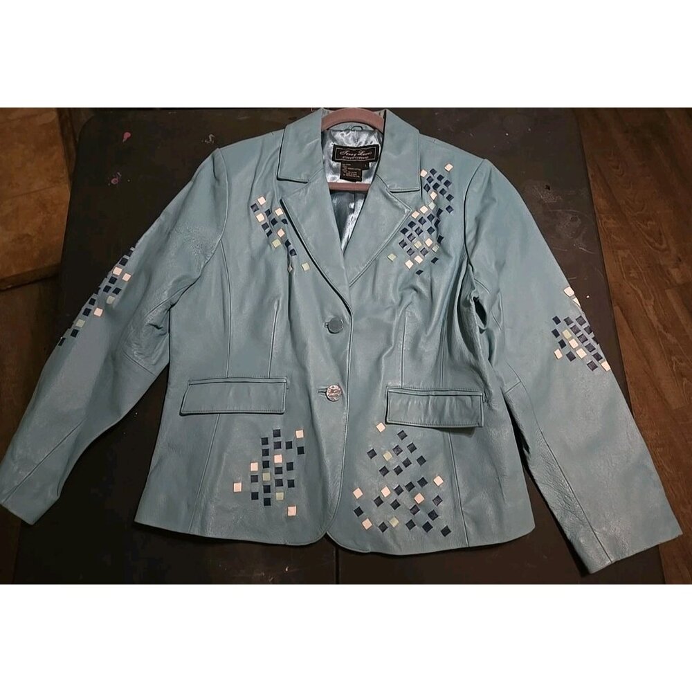 Vintage Terry Lewis Classic Luxuries Light Green Patterned Leather Blazer Jacket